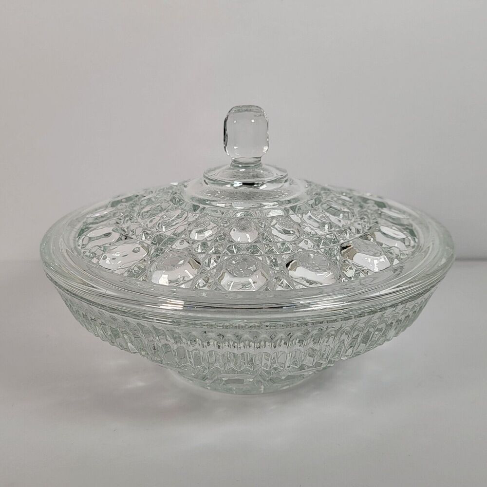 Vintage 7" Federal Glass Clear Candy Dish with Lid Windsor Button and Cane